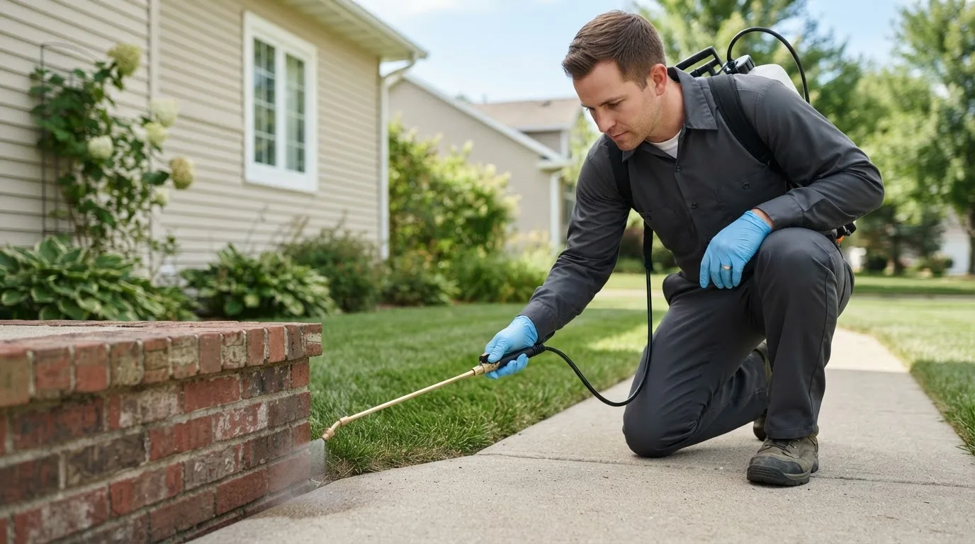 Pest control technician treating a home near Roxbury, PA